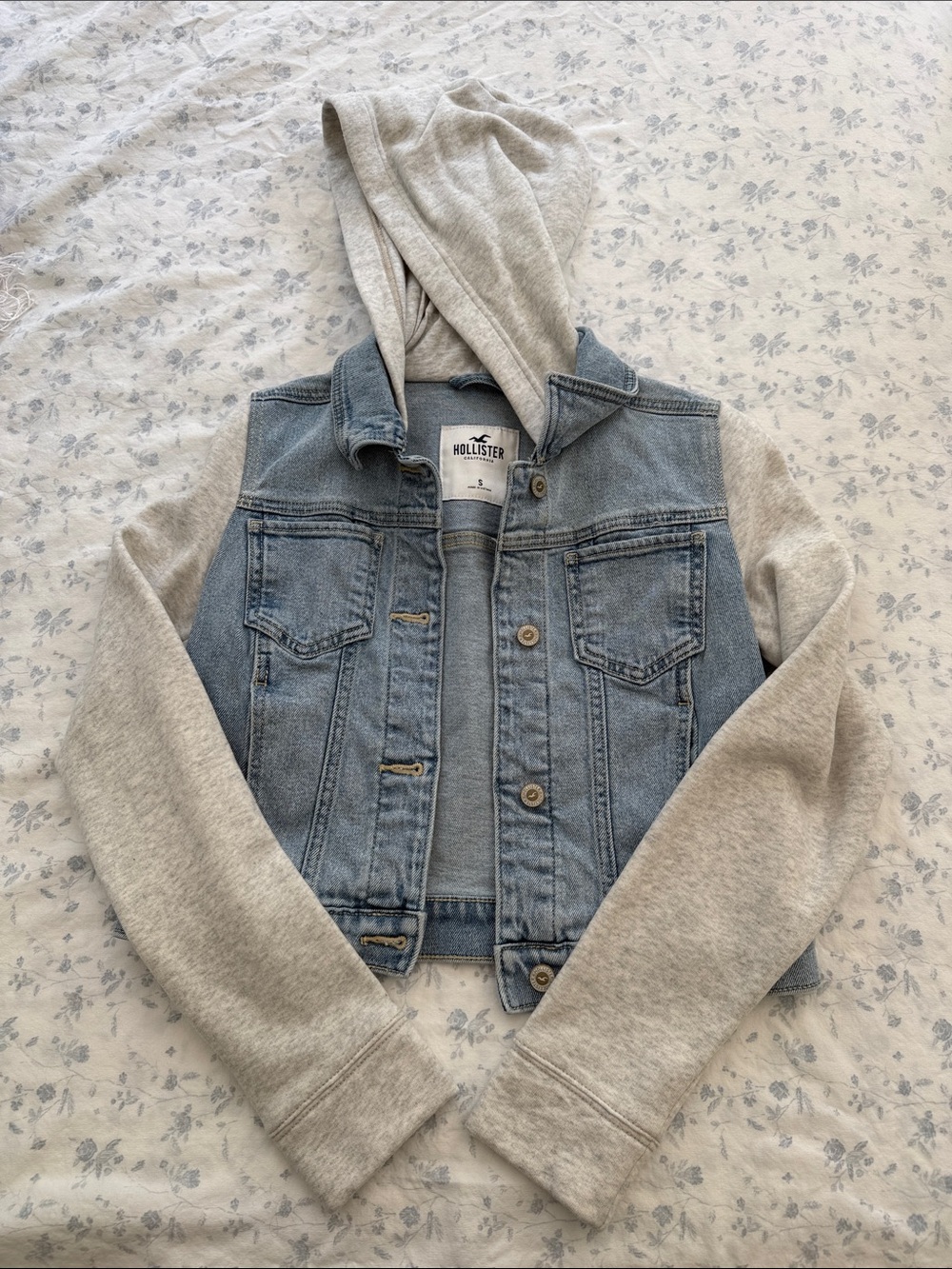 Hollister Light Blue Denim Jacket with Light Gray Hoodie Sleeves